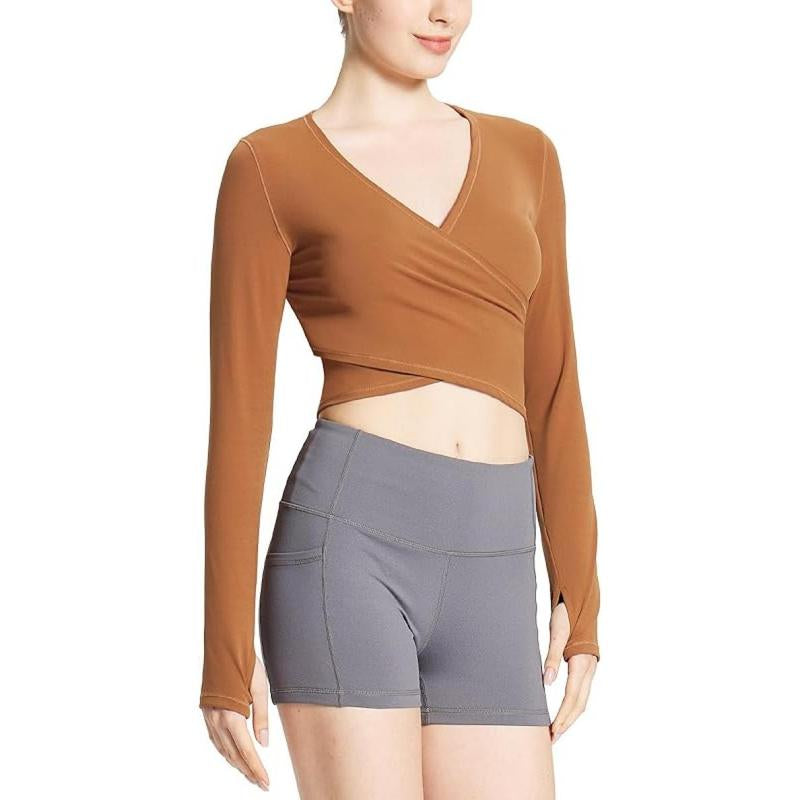 Baleaf Women'S Long Sleeve Crop Top Wrap Tops for Yoga V Neck Slim Fit Shirts with Thumb Holes for Workout