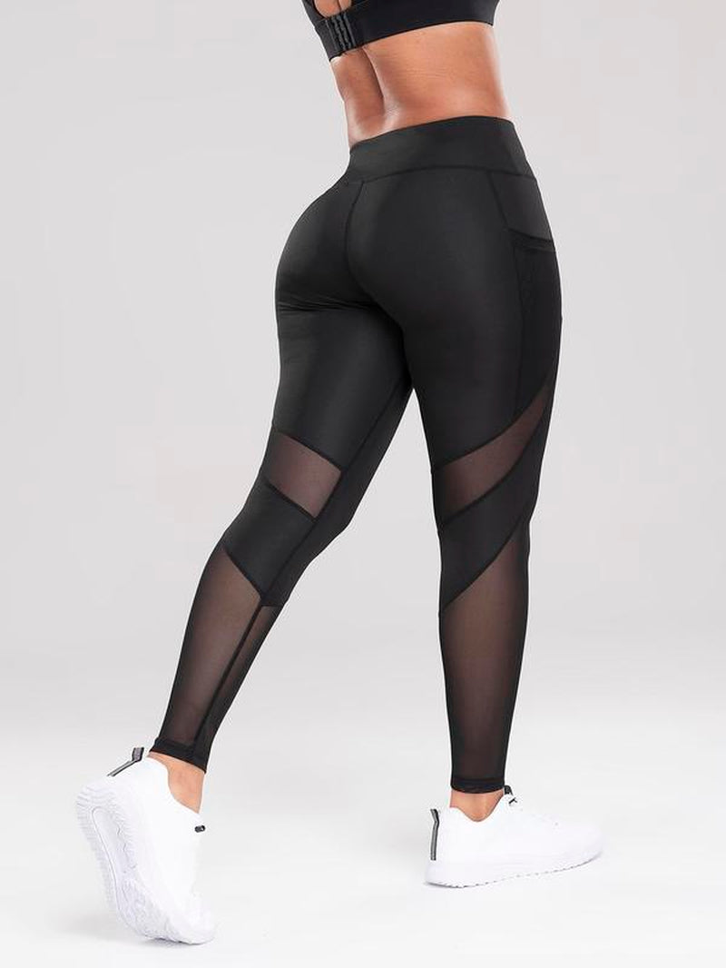 Women's High Waist Sheer Sports Leggings with Contrast Mesh Pockets - Breathable and Comfortable Activewear for Yoga, Gym, and Outdoor Activities in All Seasons