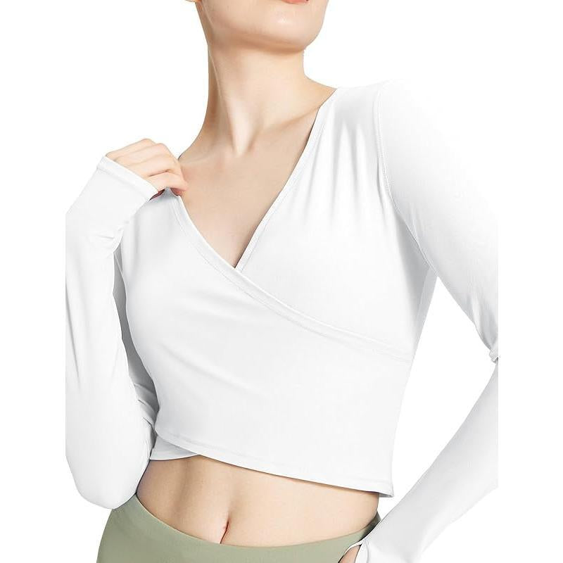 Baleaf Women'S Long Sleeve Crop Top Wrap Tops for Yoga V Neck Slim Fit Shirts with Thumb Holes for Workout