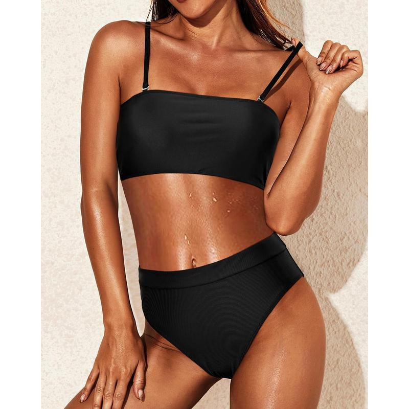 Tempt Me Women Bandeau Bikini Set Strapless Two Piece Swimsuit High Cut High Waisted Bathing Suits Sexy Swimwear for Women with Modest Coverage Tummy Control Bottom