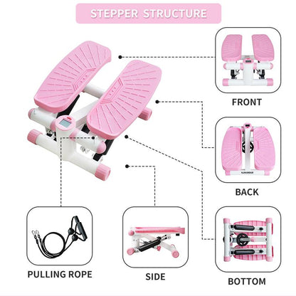 Pink Hydraulic Fitness Stepper with Digital Display and Resistance Bands, 330LBS Load-Bearing Capacity Pink Mini