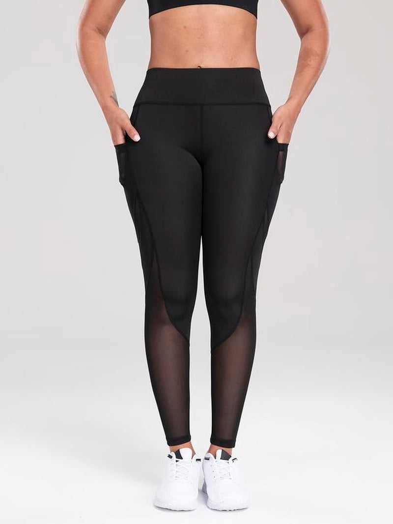 Women's High Waist Sheer Sports Leggings with Contrast Mesh Pockets - Breathable and Comfortable Activewear for Yoga, Gym, and Outdoor Activities in All Seasons