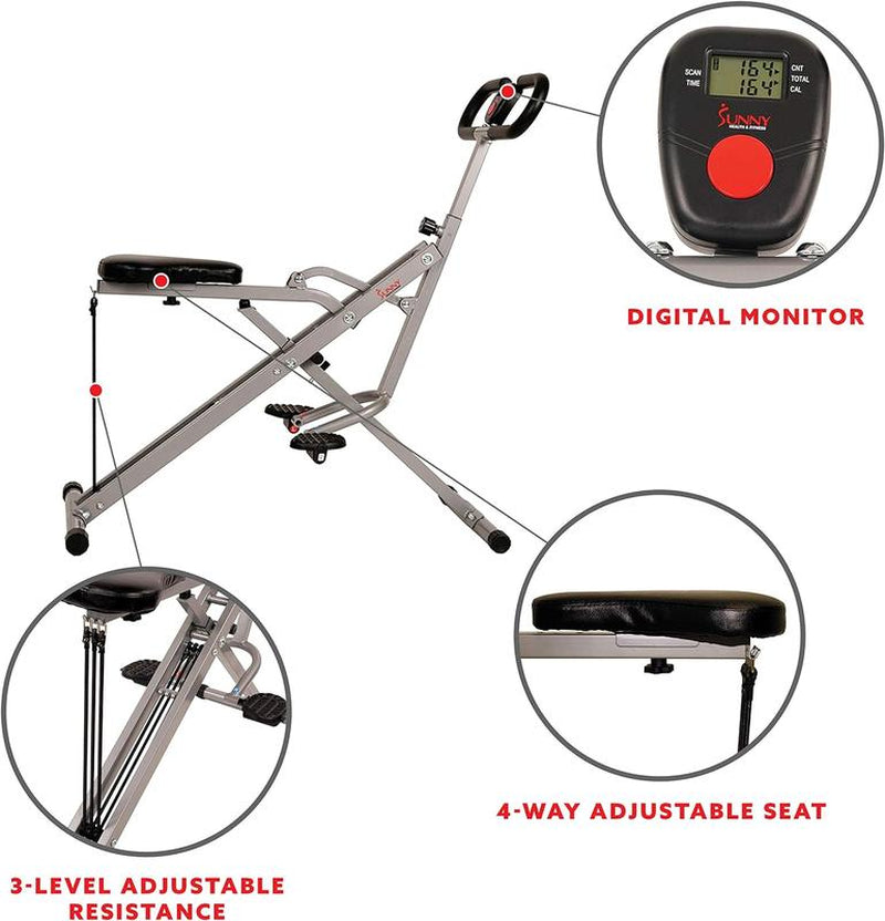 Sunny Health & Fitness Row-N-Ride Squat Assist Trainer for Glutes Workout with Adjustable Resistance, Easy Setup & Foldable Exercise Equipment, Glute & Leg Exercise Machine