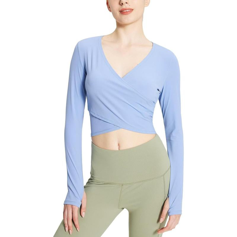 Baleaf Women'S Long Sleeve Crop Top Wrap Tops for Yoga V Neck Slim Fit Shirts with Thumb Holes for Workout